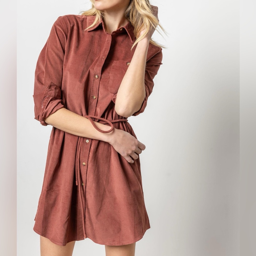 Corduroy Shirt Dress in Brandy